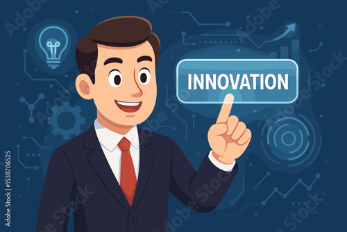 Businessman touching innovation button on futuristic virtual screen. Business concept of new idea, strategy, solution, and growth. Technology background with lightbulb and chart.