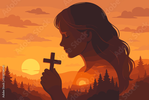 Christian woman praying, holding a cross. Silhouette at sunset with a double exposure of a mountain forest landscape. Concept of faith, spirituality, hope, religion, and worship.