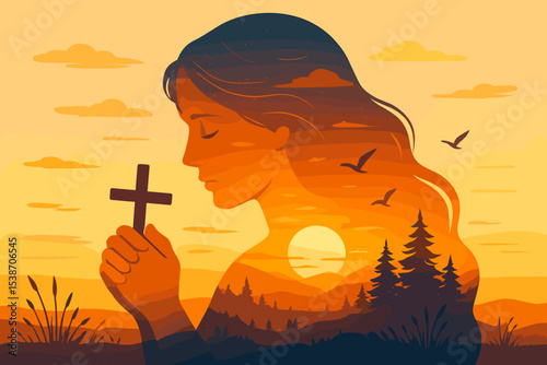 Double exposure silhouette of a Christian woman praying with a cross. Spiritual concept of faith, hope, and belief in God. Religious illustration of worship with sunset landscape.