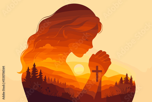 Christian woman praying at sunset. Double exposure silhouette with landscape, cross, and nature. Concept of faith, hope, spirituality, and worship. Religious vector illustration.