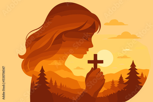 Christian woman praying with cross. Double exposure silhouette with mountain landscape at sunset. Concept of religion, faith, hope, and worship. Spirituality and belief vector.