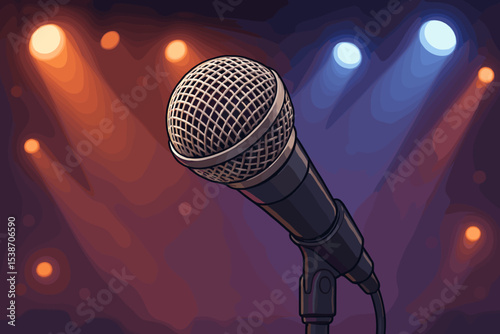 Microphone on an empty stage awaiting a performer. Concert or show concept with dramatic red and blue spotlights. Vector illustration for live music, stand-up comedy, podcasting, or karaoke.