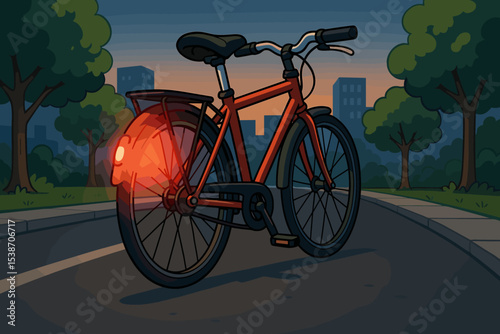 Bicycle with a glowing red safety light parked on a city road at dusk. Vector cartoon illustration concept for safe urban cycling, eco-friendly transport, and healthy lifestyle.