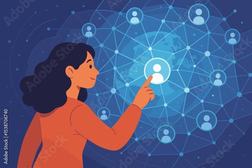 Global social media network with woman pointing at user profile. Concept of digital connection, online community, business networking, HR recruitment, and worldwide communication.
