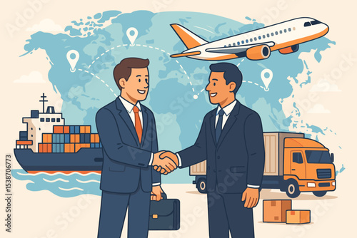 Global logistics and supply chain concept with businessmen shaking hands. International partnership for freight forwarding, shipping, and delivery. Trade network with cargo ship, truck, plane.