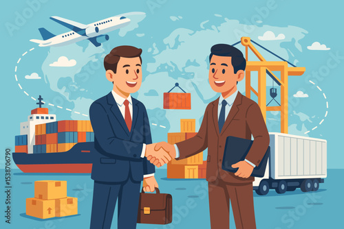 Businessmen handshake sealing a global logistics partnership. Concept of international trade and supply chain management. Freight forwarder deal with cargo ship, plane and truck.
