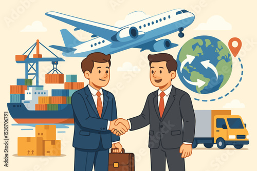 Logistics partnership concept. Businessmen shaking hands for a global trade deal. International supply chain, import, export, and shipping with cargo ship, plane, and truck.