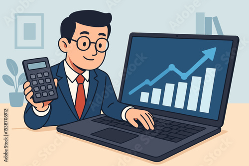 Financial growth analysis concept with businessman at laptop. Analyst holding calculator reviews stock market data chart for investment success, profit report, and economic strategy.
