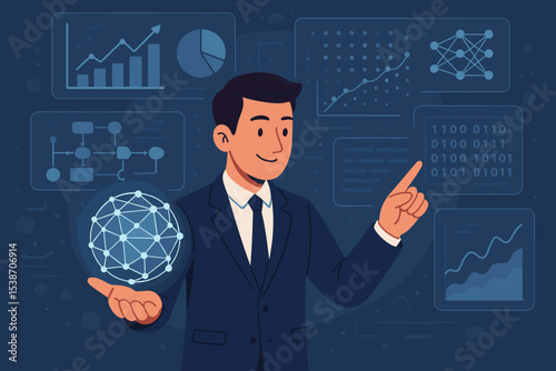 Businessman presenting futuristic data analytics on a digital dashboard. Concept of big data, business intelligence, financial growth, global network and artificial intelligence.