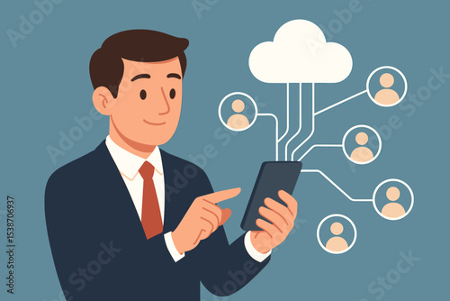 Cloud computing concept. Businessman with a smartphone connects to a digital network for data sharing and remote work. Online business collaboration and mobile technology illustration.