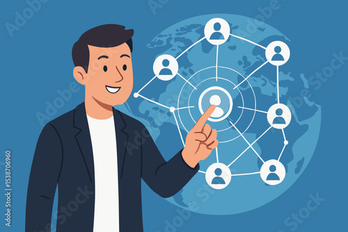 Global networking concept with businessman managing a team. International business communication, human resources, and social media technology. World map with organization chart.