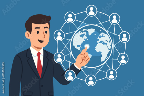 Businessman touching a glowing point on a digital globe, connecting a worldwide network of people. Global business, social media, teamwork, and communication technology concept.