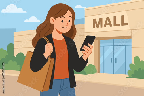 Young woman with a smartphone and shopping bag in front of a mall. Happy customer enjoying retail therapy and finding online deals. Concept for Black Friday, sales, and modern consumerism.