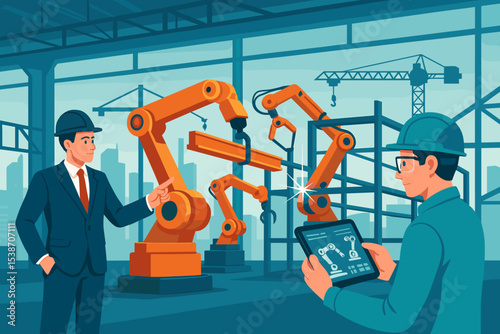 Future of industrial automation with engineers controlling robotic arms. Smart factory and Industry 4.0 concept for manufacturing and construction with AI and innovative technology.