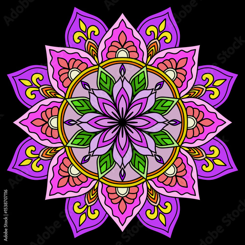 mandala flower pattern, purple, green color, Vintage decorative elements. Oriental pattern, vector illustration. Islam, Arabic, Indian, Moroccan, Spain, Turkish, Pakistan, Chinese, mystic, ottoman 