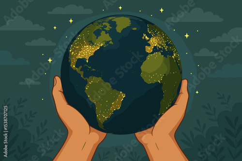 Concept of environmental protection and energy saving. Hands carefully holding glowing Earth globe at night. World conservation, sustainability, and global responsibility vector art.