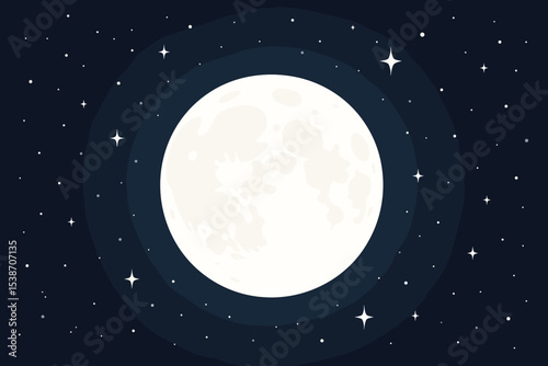 Full moon and stars on a dark night sky background. Vector illustration of outer space, cosmos, or universe. Celestial cartoon scenery with bright moonlight and sparkling starlight.