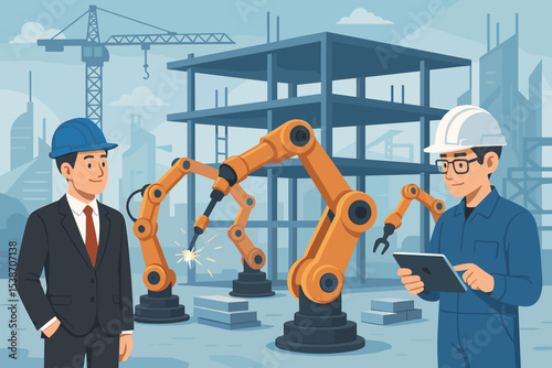 Engineer controls robotic arms with tablet on a construction site. Future industrial automation concept with manager supervising. Smart factory, Industry 4.0 for building.