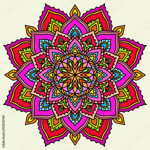 Mandala ornamental round lace pattern, colorful , Vibrant mandala artwork showcasing intricate patterns in vivid colors, ideal for decoration and artistic inspiration.  vector illustration 