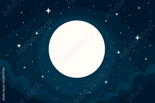 Moonlit night sky with a big full moon, sparkling stars, and clouds vector illustration. Peaceful midnight scenery background. Cartoon space, galaxy, or universe fantasy concept.