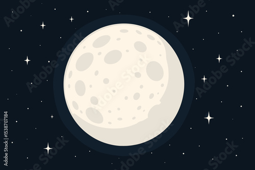 Cartoon full moon with craters on a dark night sky with stars. Vector illustration of an outer space background. Celestial body, astronomy science concept. Universe, cosmos, moonlight.