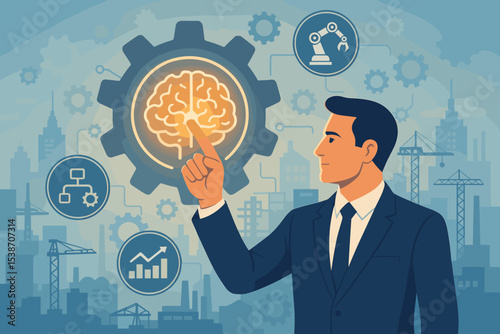 Businessman managing Industry 4.0 smart factory process. Concept of artificial intelligence and innovation. Brain in gear, automation, robotics, and data analytics growth icons.