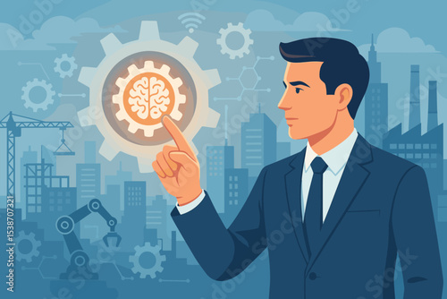 Industry 4.0 concept with businessman managing smart factory via AI. Brain in cogwheel for innovation and automation. Futuristic manufacturing technology and industrial control.