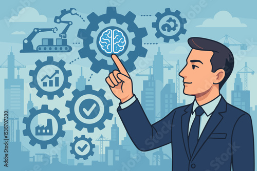 Industrial automation and Industry 4.0 concept. Businessman managing smart factory processes with AI brain technology. Business strategy, innovation, and workflow optimization.