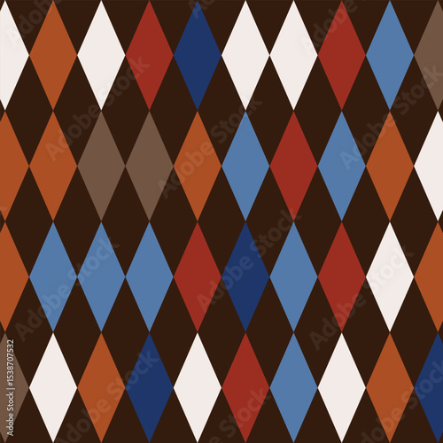 harlequin pattern in brown, blue, and red colors.