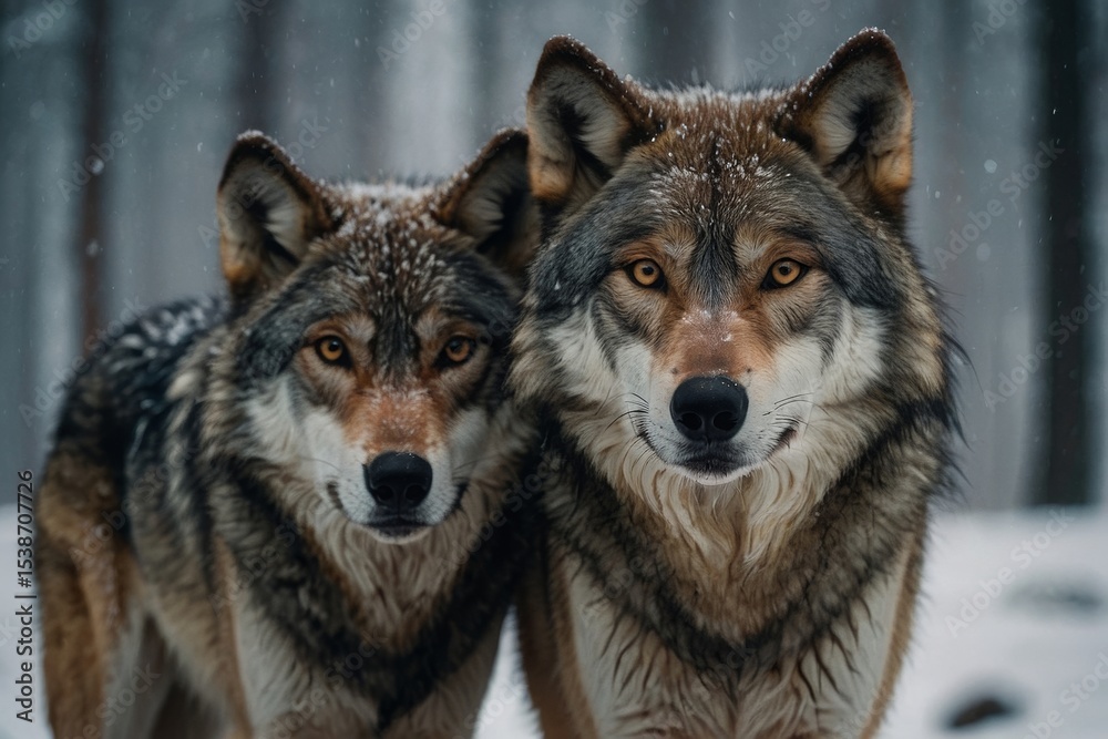 Fototapeta premium Two Wolves Staring in Snowy Forest Winter Close Up