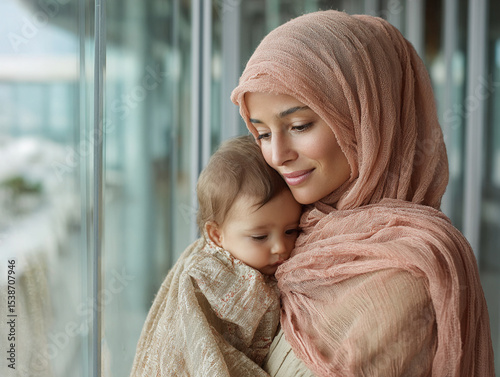 Muslim mother in hijab with baby in modern home