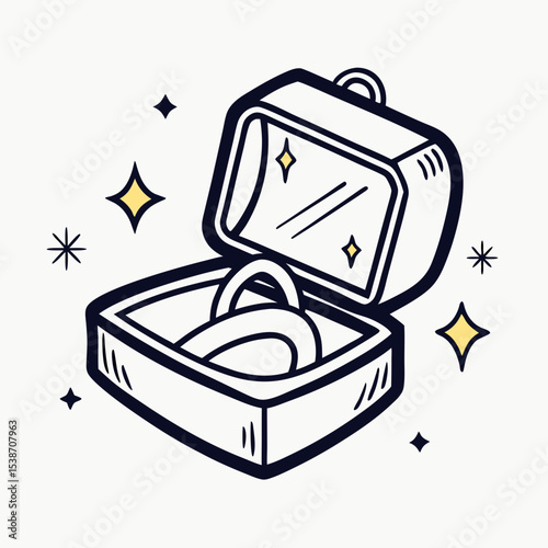 Open Ring or Necklace Box with Sparkle – Vector Line Art