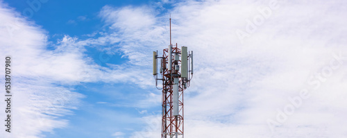 Communication tower top. Radio antenna Tower , microwave antenna tower on light sky background. wireless technology concept. communication