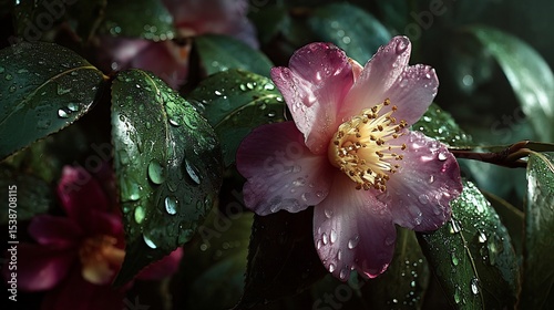 Dew-kissed Camellia flower in garden