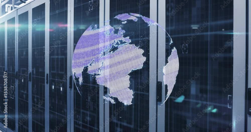 On startup digital globe fragment forming then rotating while scanning global data in server aisle