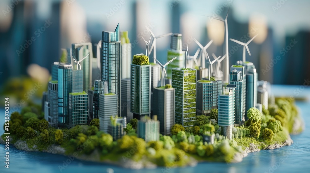 Obraz premium Aerial View of Modern Sustainable City with Green Spaces and Wind Turbines on a Bright Day