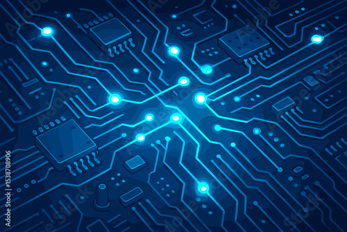 Futuristic glowing blue circuit board background. Digital technology concept with motherboard, microchip and CPU. Abstract electronic data network, information processing illustration.
