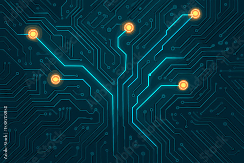 Futuristic technology circuit board background with a glowing data network. Abstract digital connections illustrating information flow, AI processing, and computer innovation.