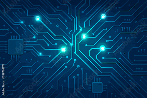 Abstract technology background of a computer circuit board with a glowing blue light effect. Futuristic concept of a digital data network, microchip, processor, and electronics.