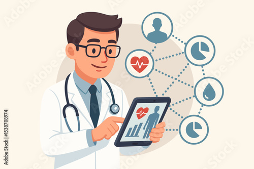 Doctor analyzing patient health data on tablet. Digital healthcare, telemedicine concept. Physician using electronic medical records, EMR, EHR. Online medical service technology.