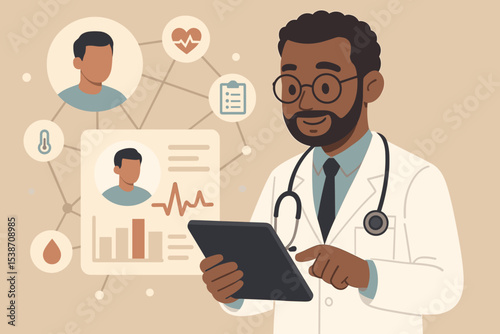 Black doctor analyzing patient health data on a tablet. Telemedicine, digital healthcare technology, and electronic medical record concept. Online consultation and network. Vector.