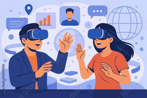 Metaverse exploration concept. People wearing VR headsets. Virtual reality meeting for business communication. Man and woman collaboration in digital world. Future technology, AR, simulation.