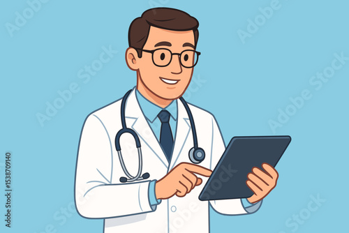 Doctor using tablet for online medical consultation. Telehealth technology concept. Male physician with stethoscope holding electronic device. Modern healthcare vector illustration.