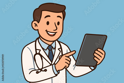 Cartoon doctor using a digital tablet for an online consultation. Telemedicine and healthcare technology concept. Friendly physician character illustration for medical advice and e-health.