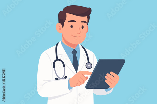 Doctor with tablet vector illustration. Male physician character in uniform with stethoscope. Telemedicine, e-health, online medical consultation and healthcare technology concept.