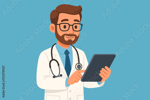 Doctor using digital tablet for online consultation. Telemedicine and modern healthcare concept. Male physician character in lab coat with stethoscope. Medical technology vector illustration.
