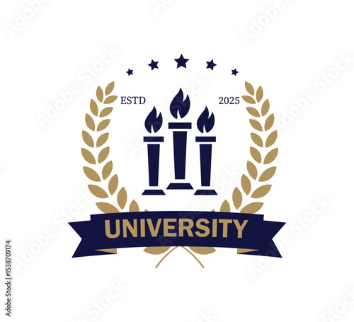 This logo showcases a modern design with three flames representing knowledge, surrounded by a laurel wreath symbolizing achievement. It is an emblem for a new educational institution.