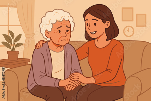 Young woman comforting a sad elderly mother on a sofa. Caregiver providing support for a senior with depression. Concept of empathy, compassion, family care, and mental health.