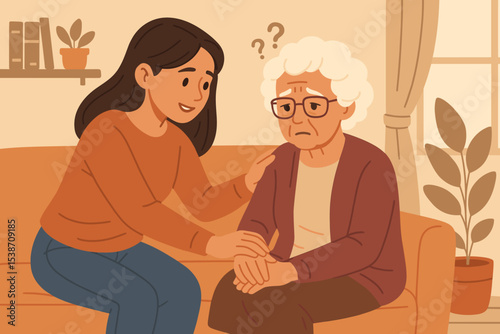 Young woman comforting sad senior mother with dementia or Alzheimer's. Caregiver supporting elderly patient with memory loss. Concept of mental health, support, and empathy.