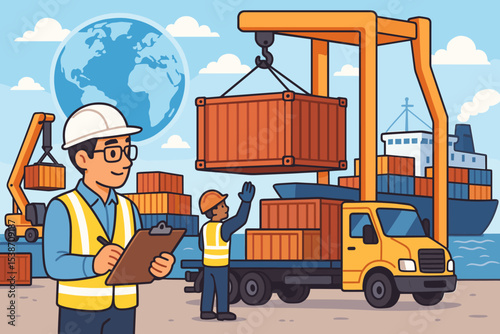 Global logistics and supply chain management vector illustration. Supervisor inspecting cargo container loading at a shipping port. Crane, truck, and freight ship in a dockyard.